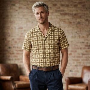 Ottway Australia Marley Shirt // Retro 70s Geo Print Rayon Camp Button Down L